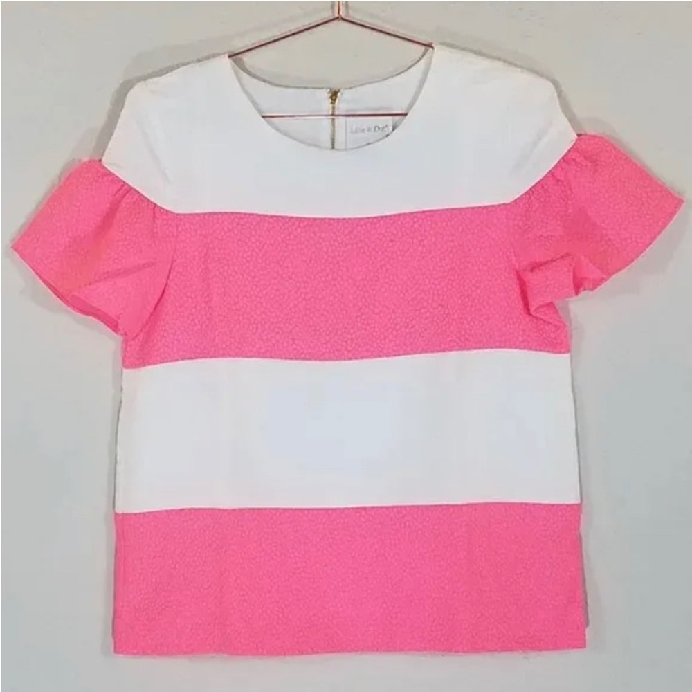 Line & Dot Pink White Striped Textured Top Medium - Picture 6 of 6